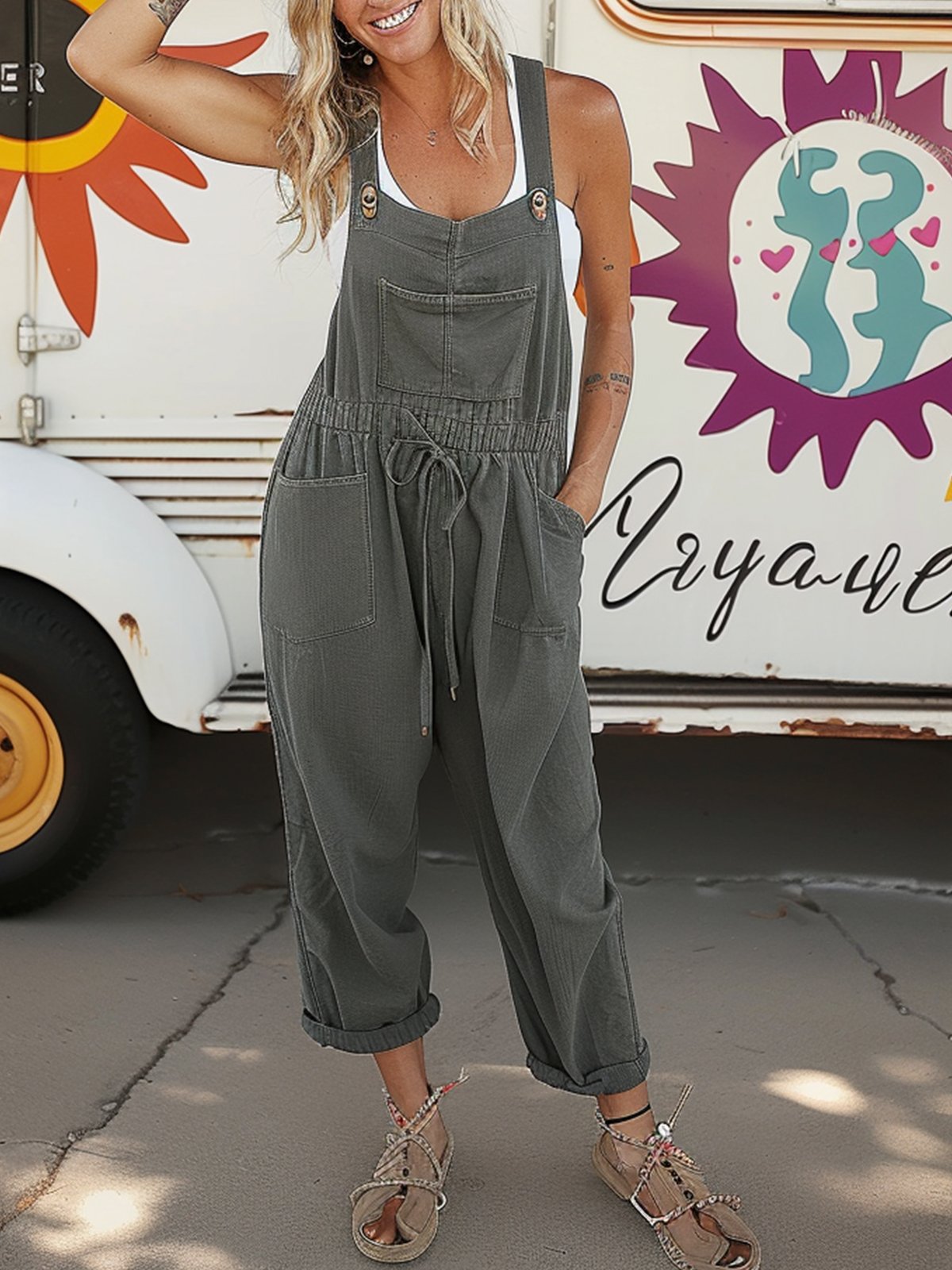 Boho Square Neck Bib Pants