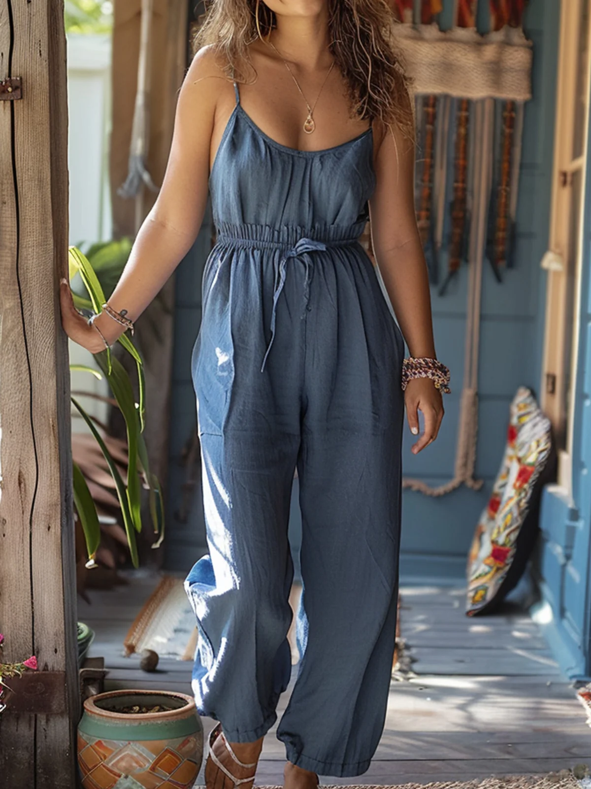 Loose Boho Plain Bib Pants