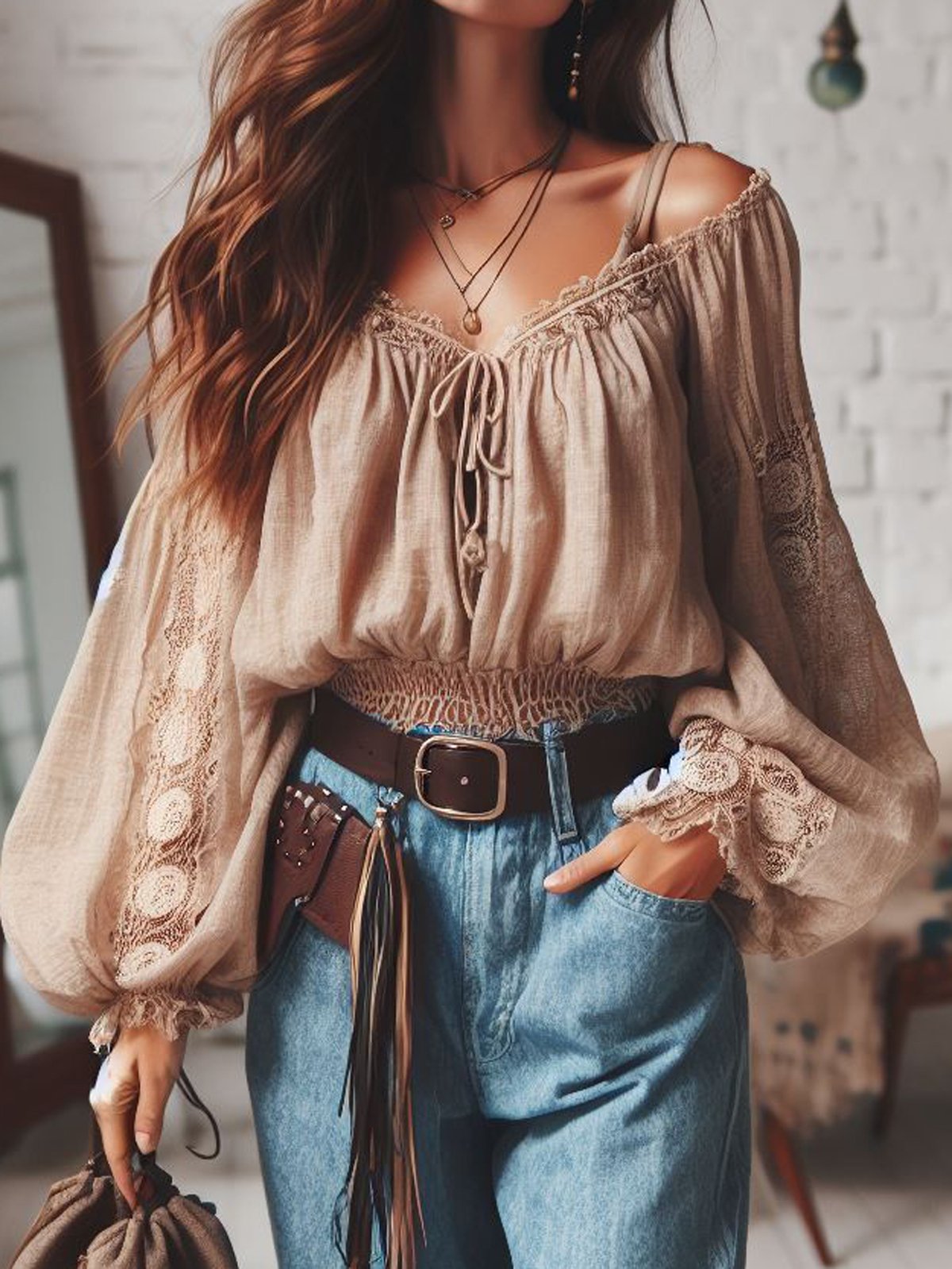 Ethnic Cold Shoulder Plain Loose Blouse