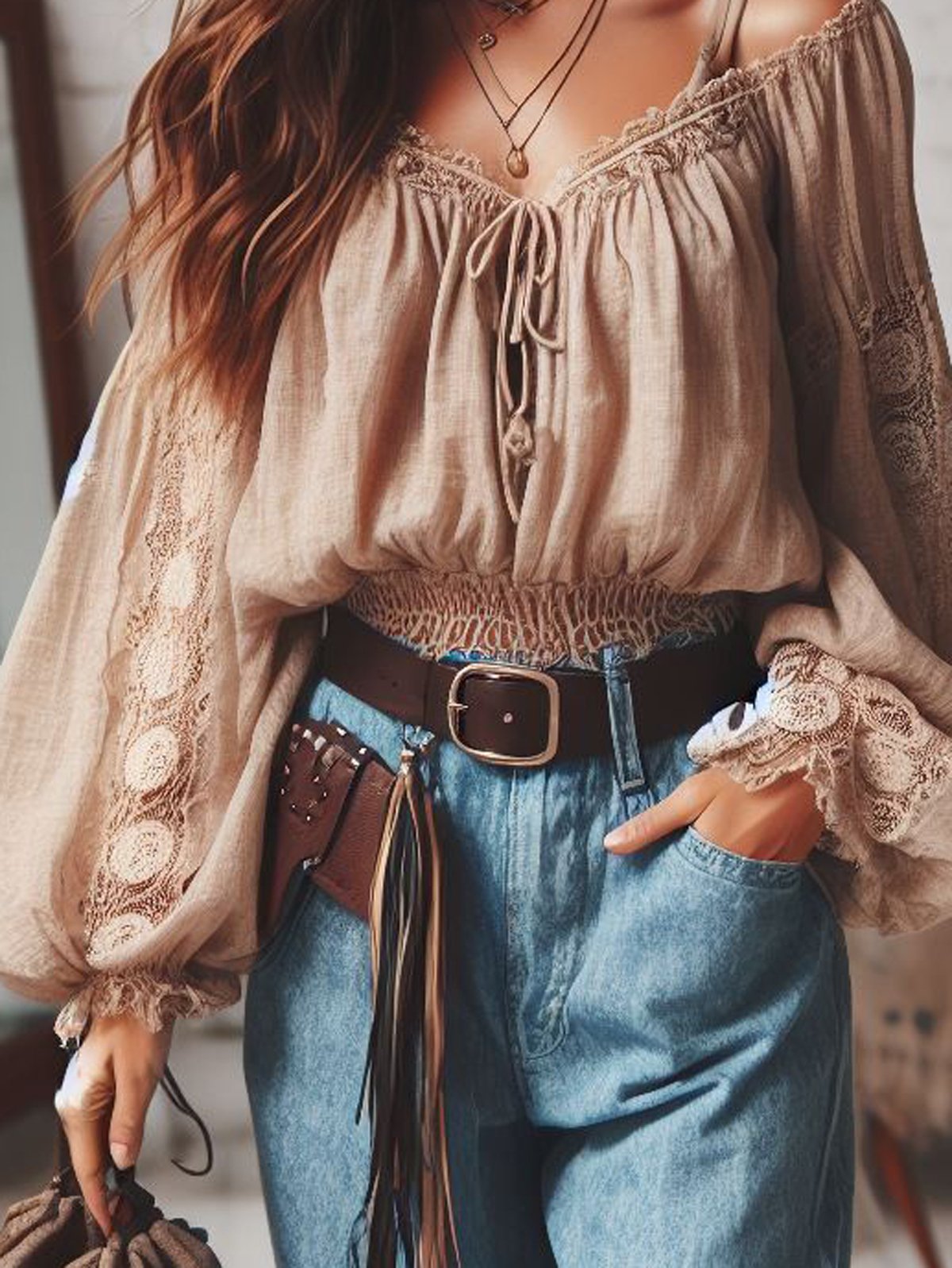 Ethnic Cold Shoulder Plain Loose Blouse