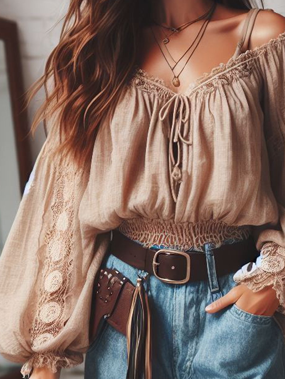 Ethnic Cold Shoulder Plain Loose Blouse