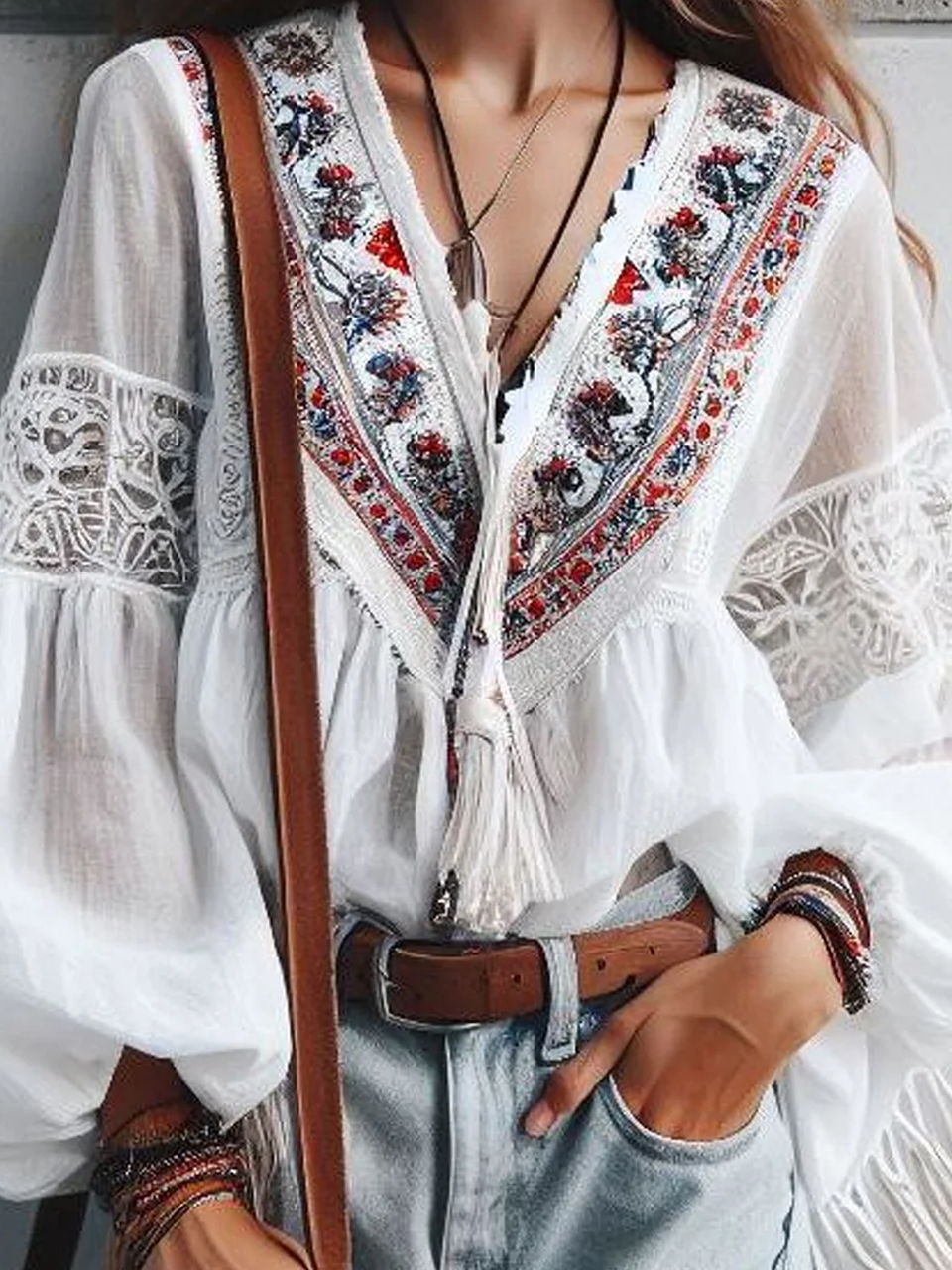 Lace Edge Loose Boho Embroidery Patterns Blouse