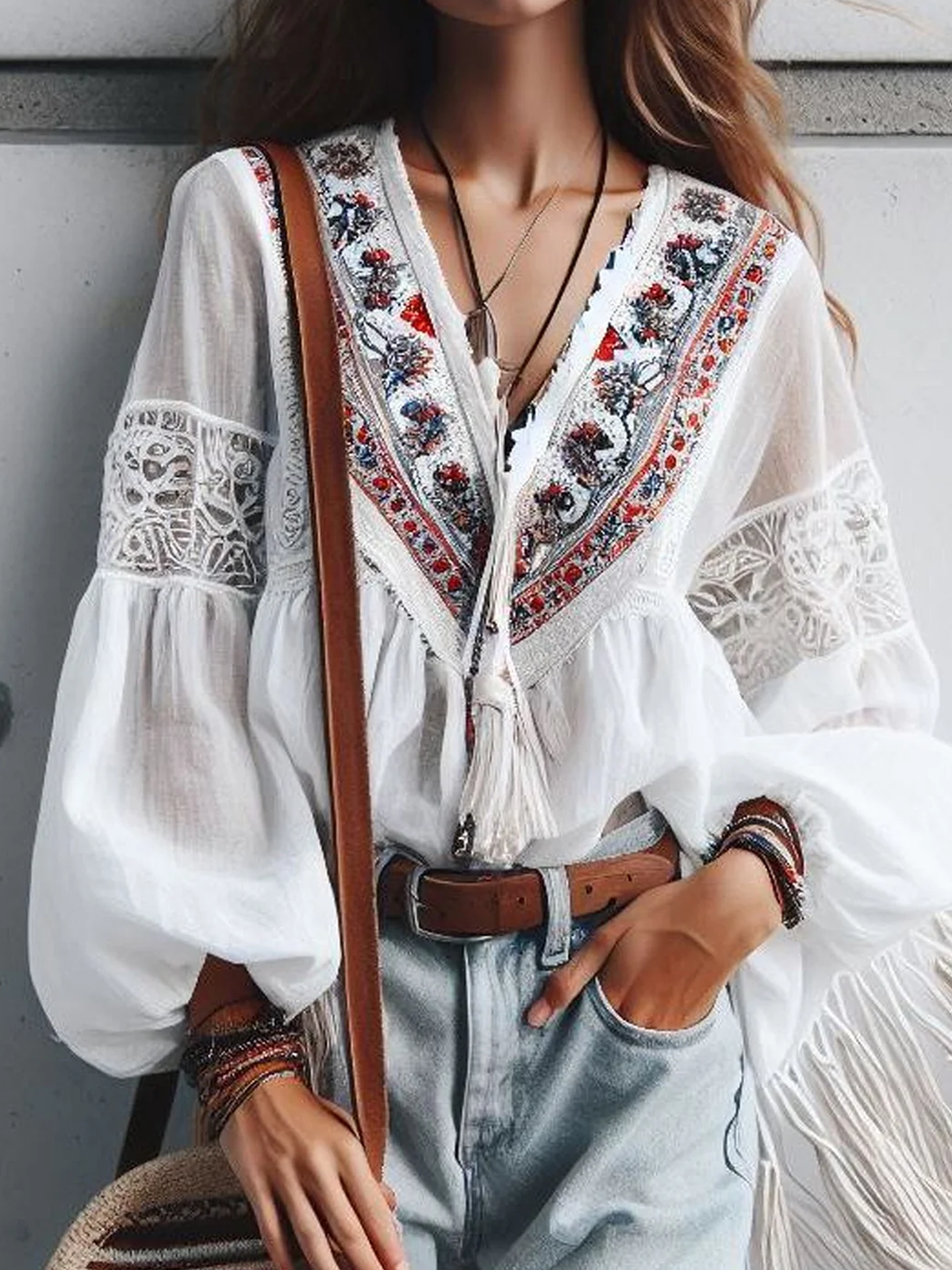 Lace Edge Loose Boho Embroidery Patterns Blouse