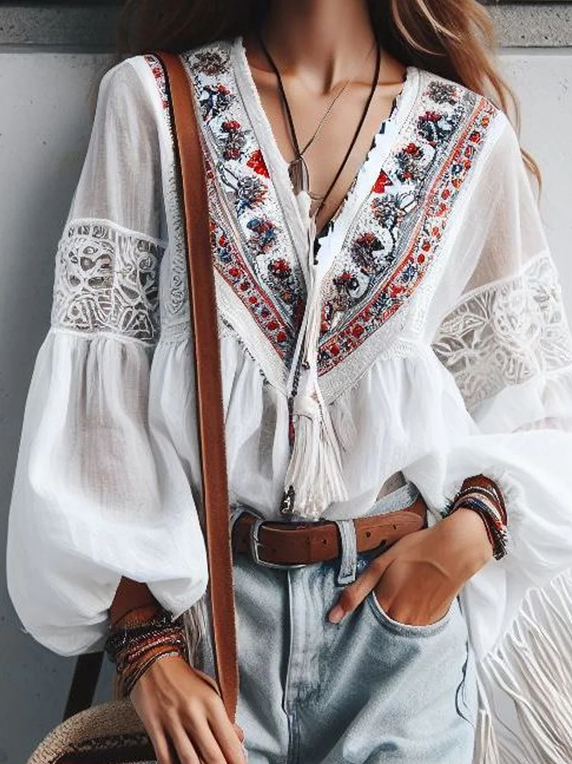 Lace Edge Loose Boho Embroidery Patterns Blouse