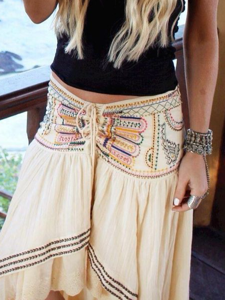 Loose Cotton Embroidery Boho Skirt