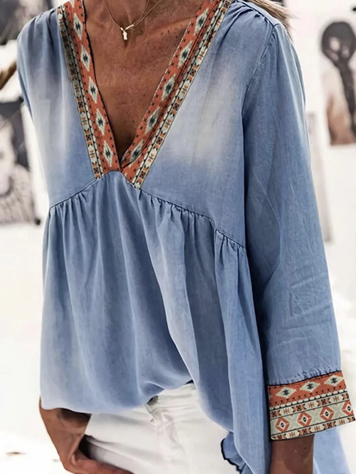 Vacation Denim Striped V Neck Shirt