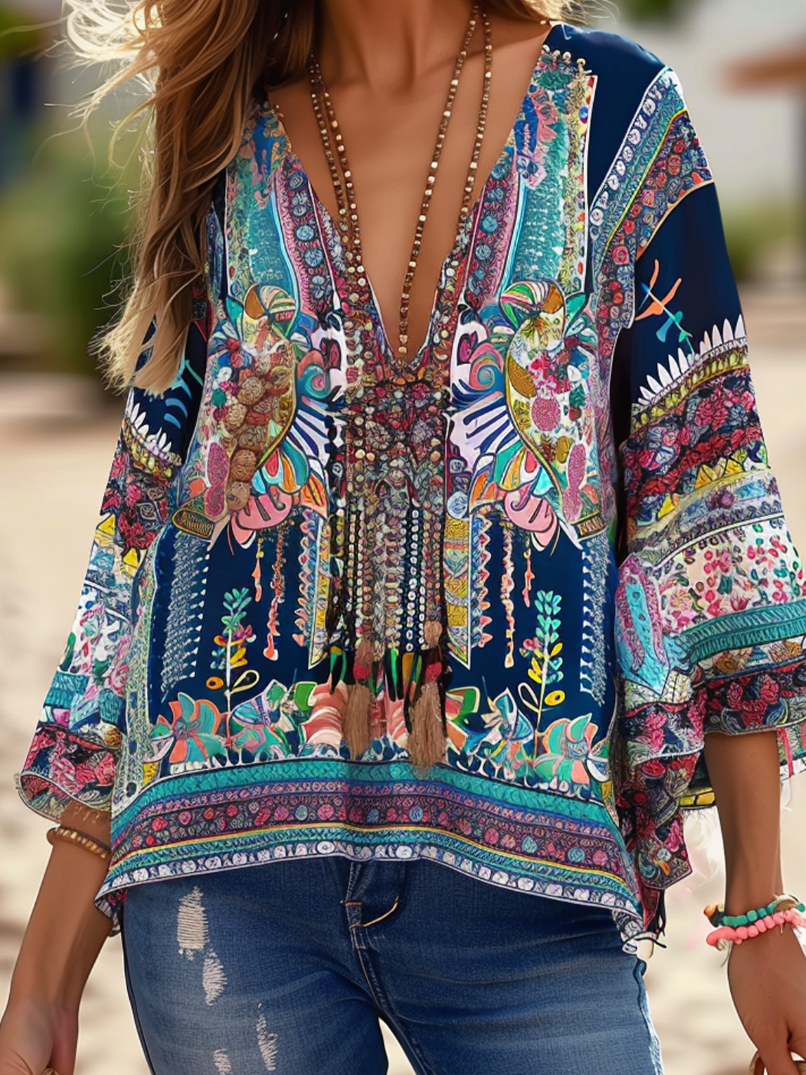 V Neck Ethnic Boho Shirt