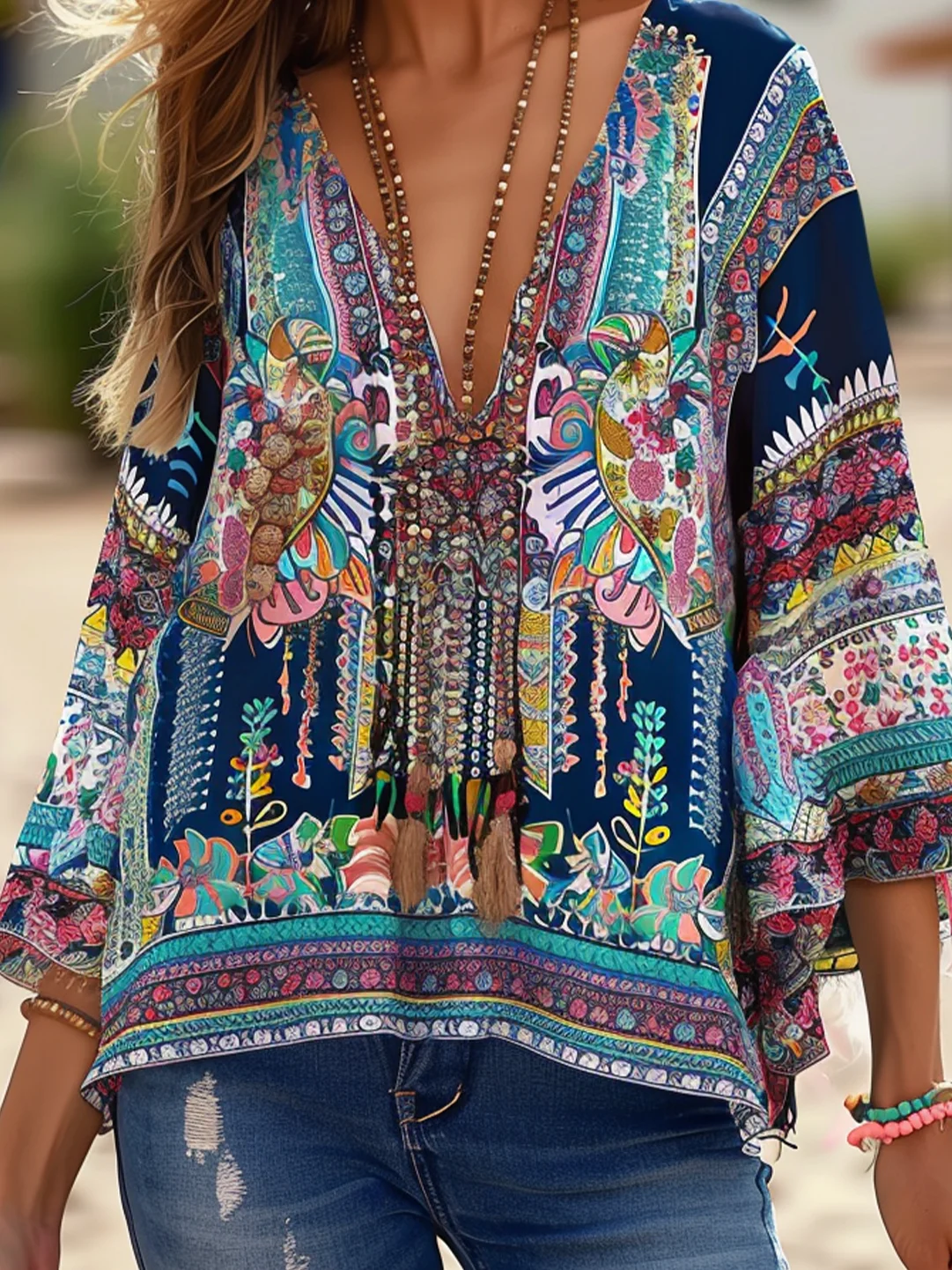 V Neck Ethnic Boho Shirt