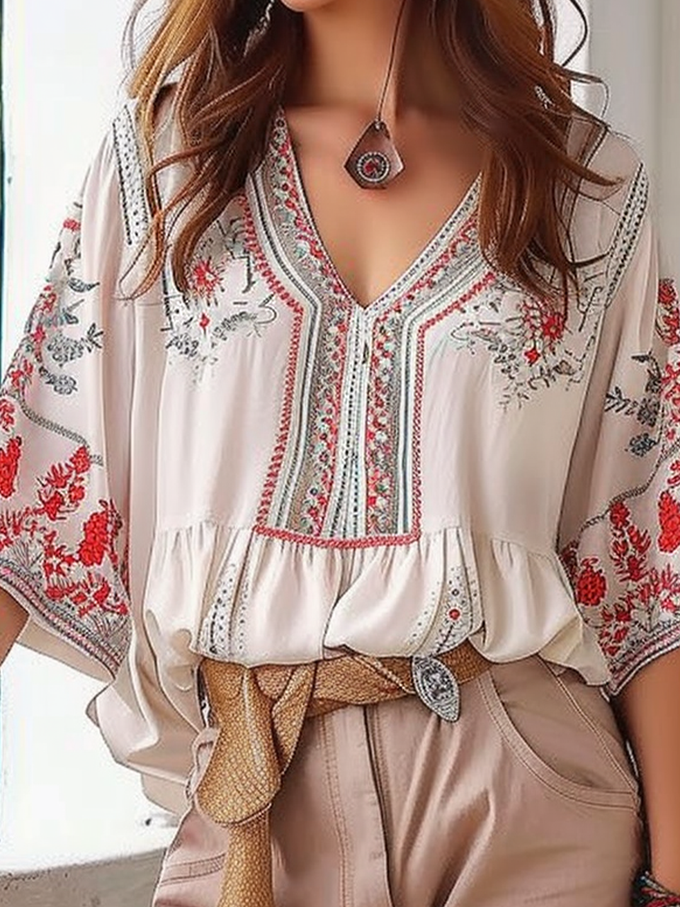 Loose Embroidery Patterns V Neck Boho Blouse