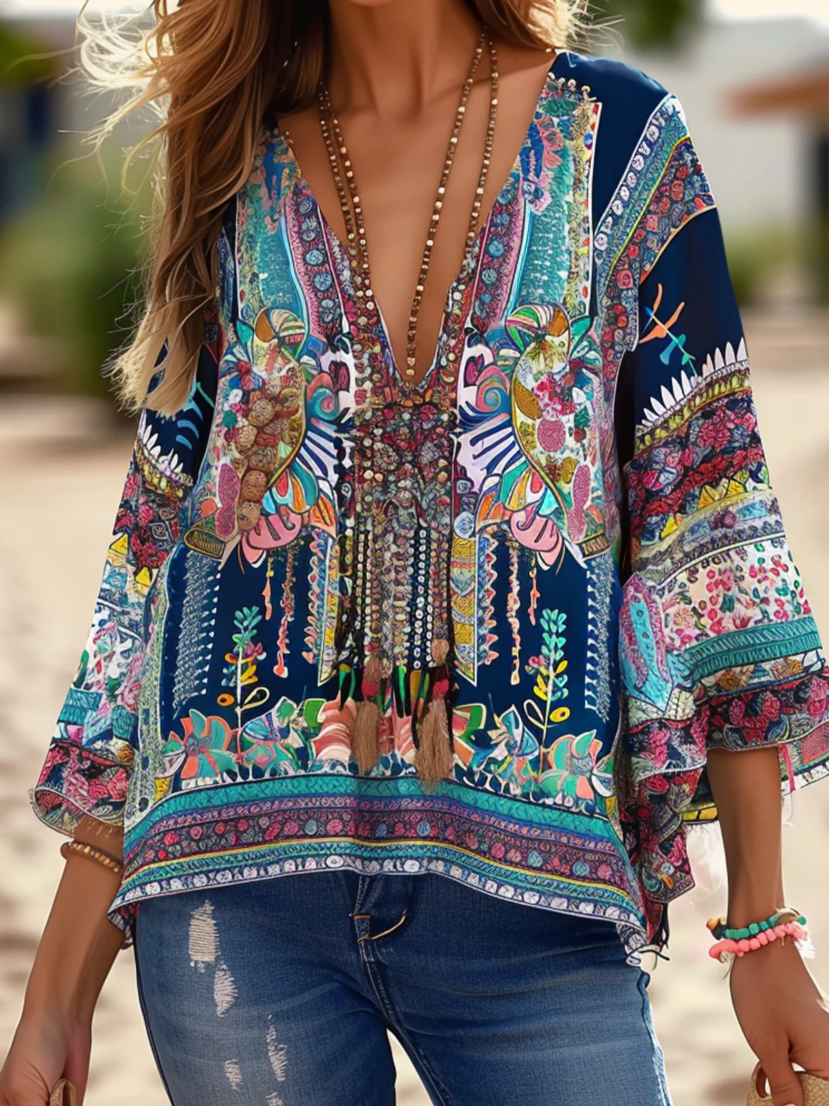 V Neck Ethnic Boho Shirt