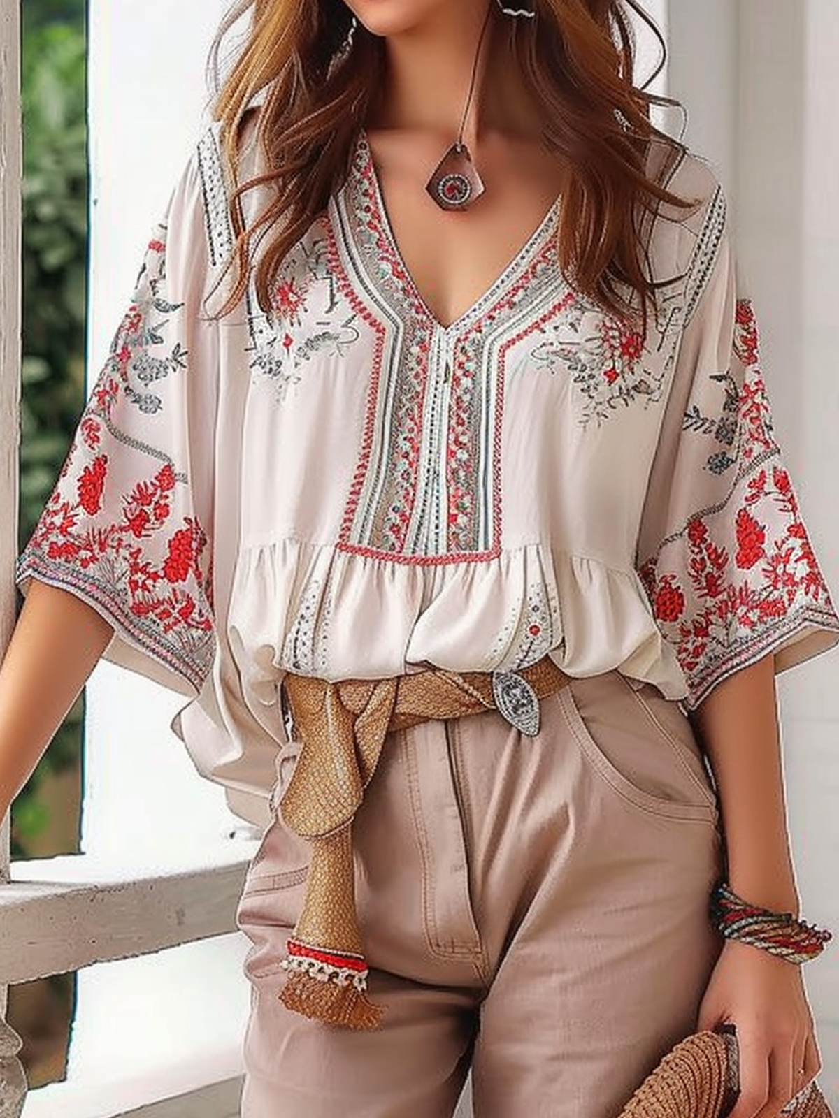 Loose Embroidery Patterns V Neck Boho Blouse