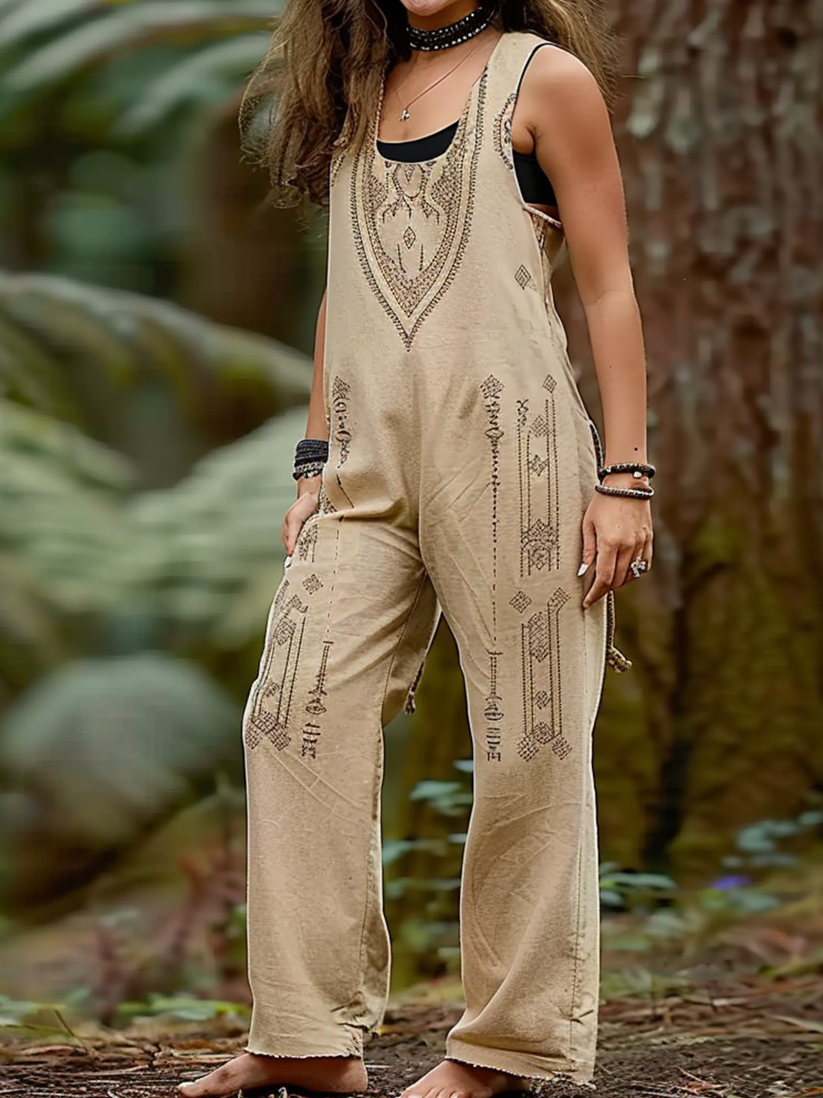 Square Neck Casual Ethnic Loose Bib Pants