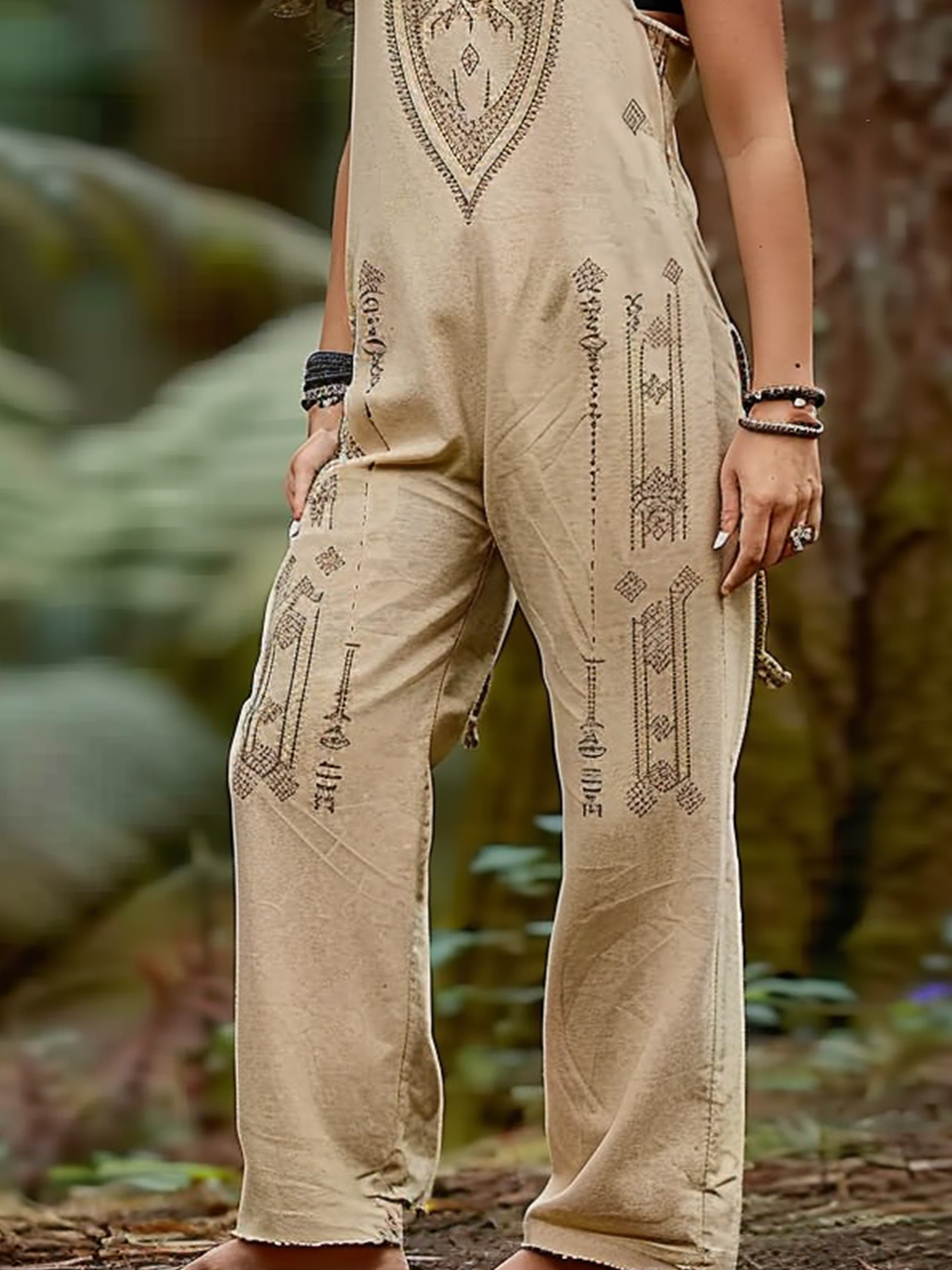 Square Neck Casual Ethnic Loose Bib Pants