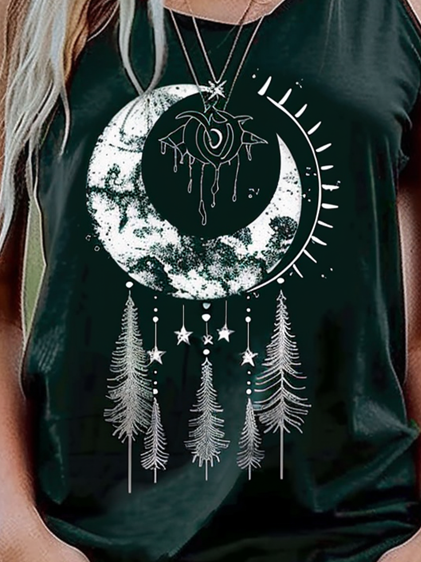 Moon Crew Neck Loose Ethnic Tank Top