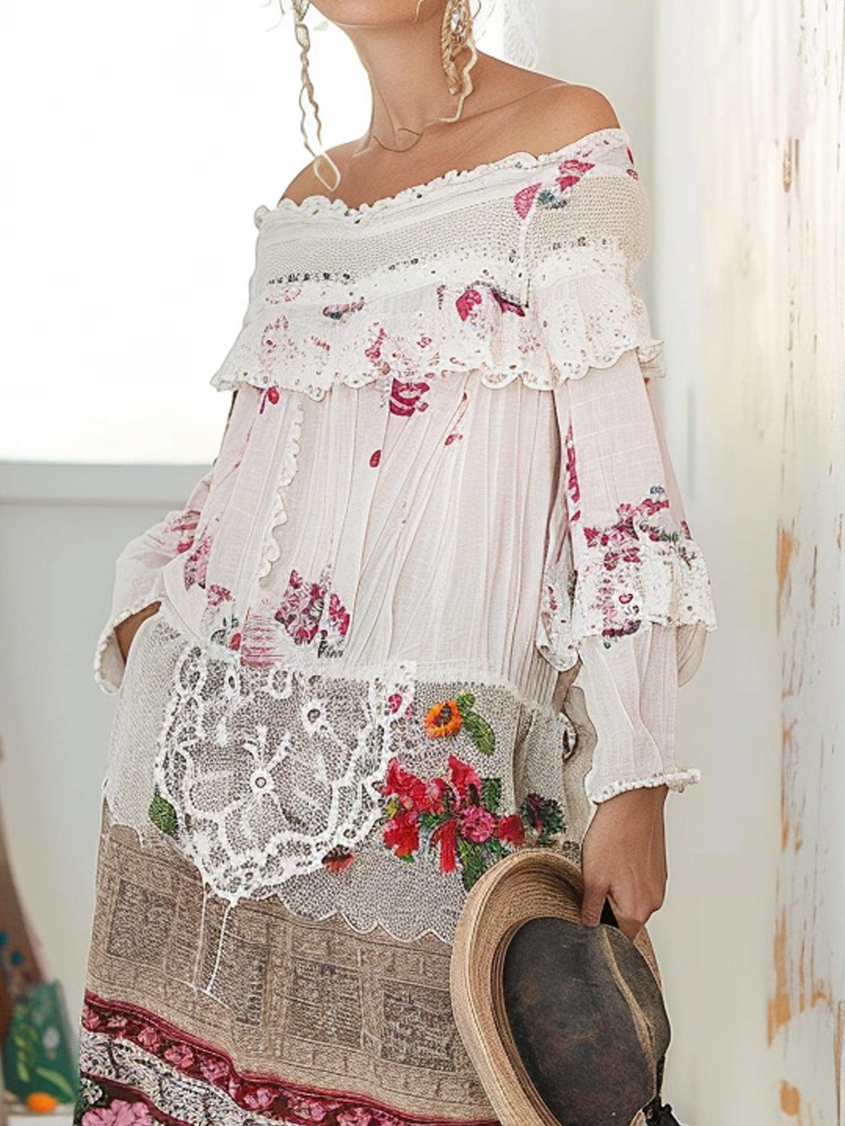 Boat Neck Floral Boho Loose Shirt