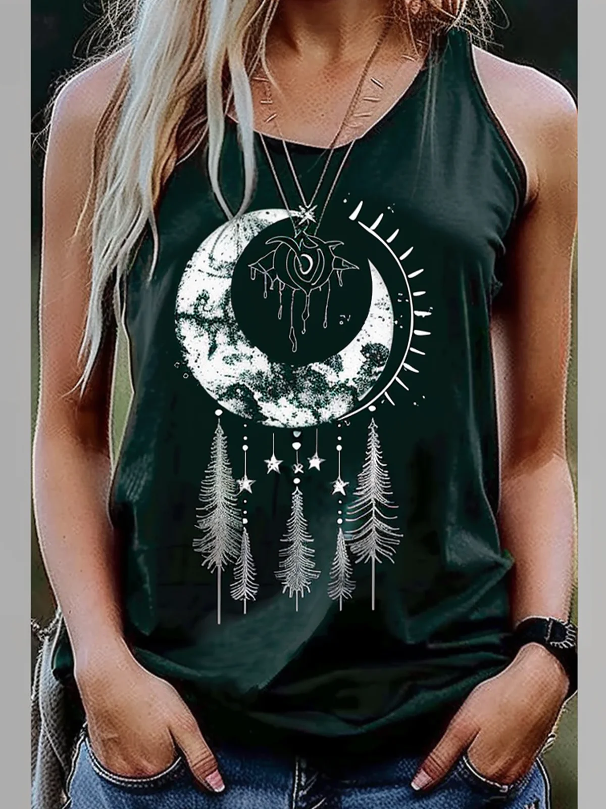 Moon Crew Neck Loose Ethnic Tank Top