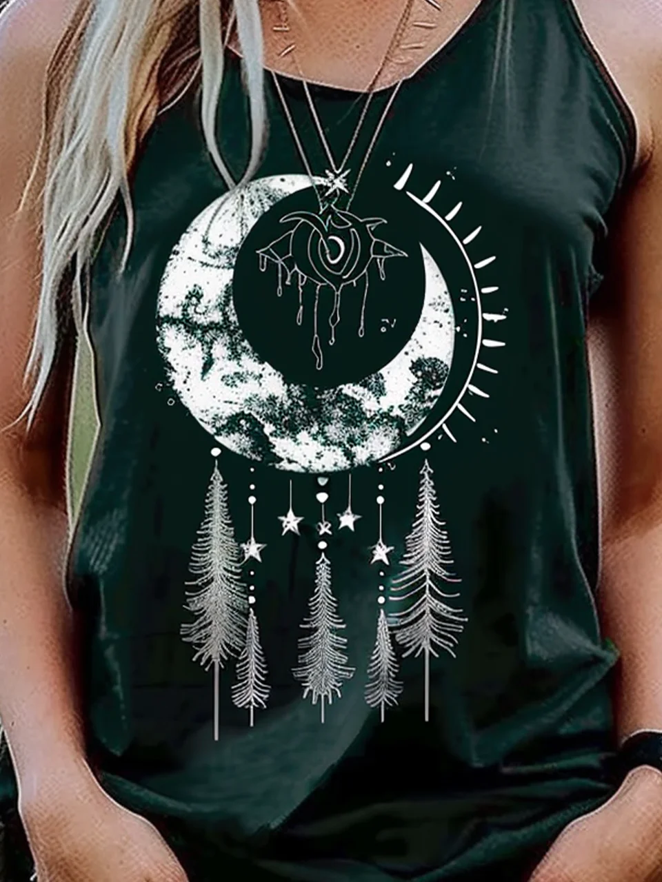 Moon Crew Neck Loose Ethnic Tank Top