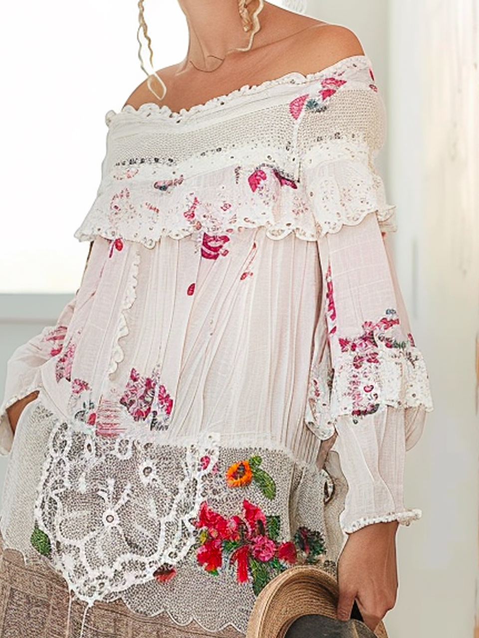 Boat Neck Floral Boho Loose Shirt