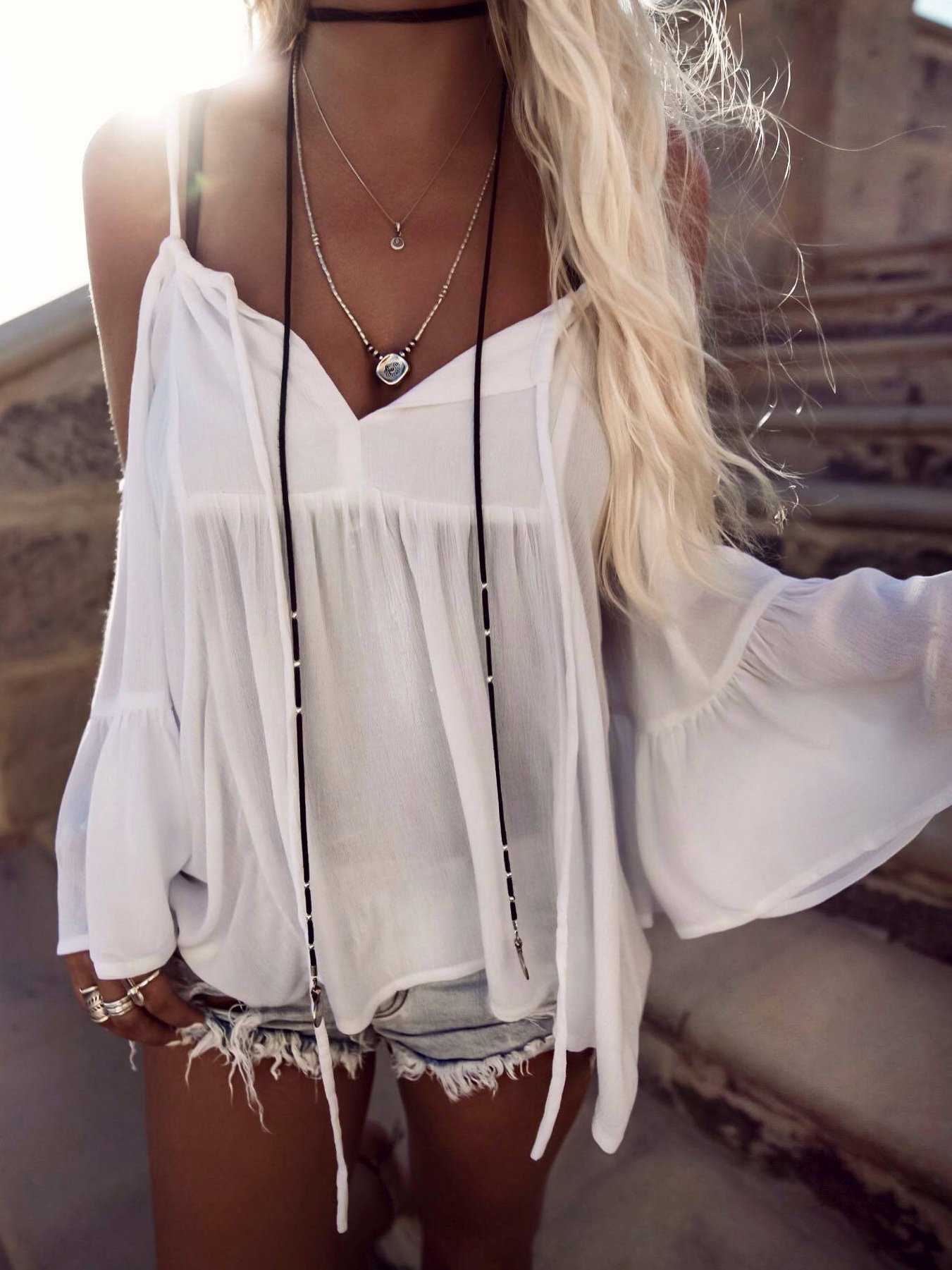 Cotton Boho Cold Shoulder Loose Shirt