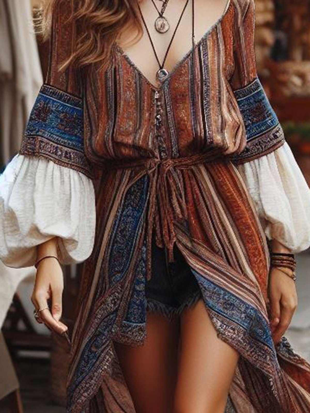 V Neck Boho Ethnic Dress With No